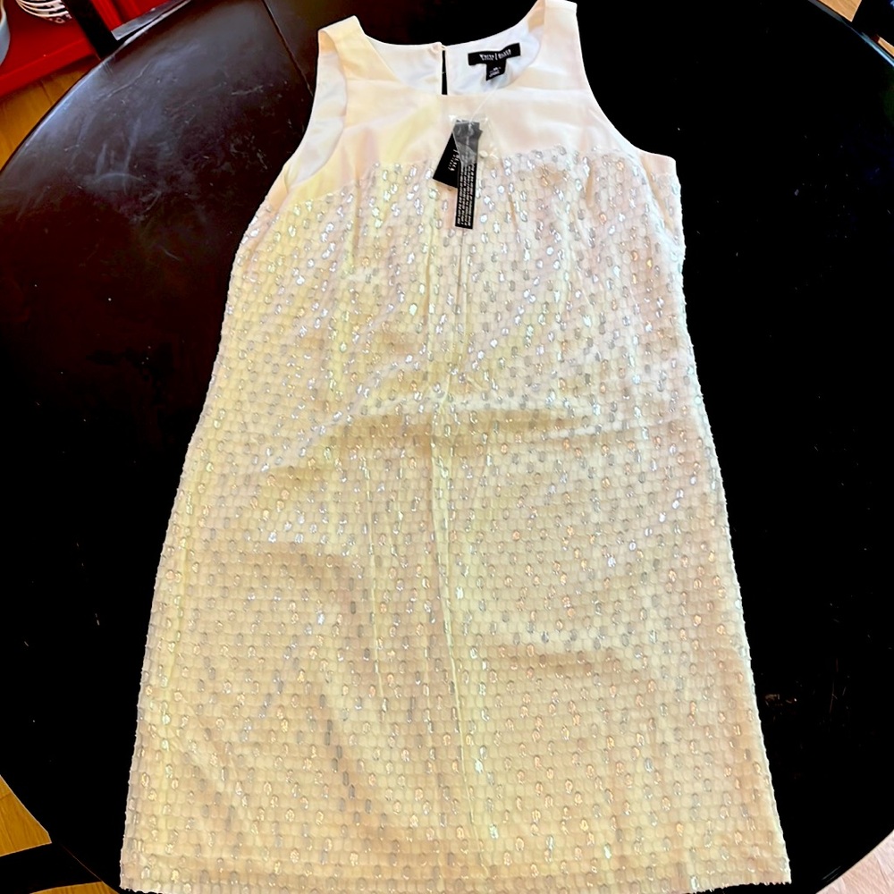 WHBM size 10. cream&silver silk dress. NWT. Sleeveless. Lined. 36” length.